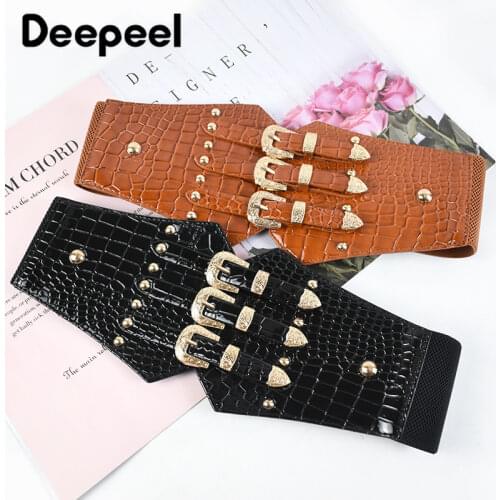 Deepeel 1pc 13*70cm New Fashion Women PU Metal Cummerbunds Rivet Elastic Decorative Corset Luxury Female Harness Waist Belt