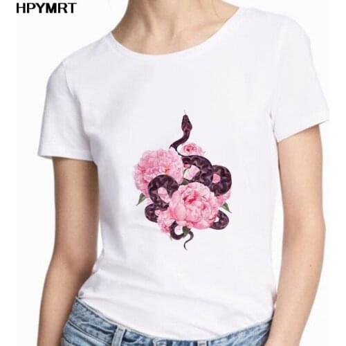 T-shirt Women Aesthetic snake and flower Print Short Sleeve Tees Tops Graphic Female Womens Lady T Shirt Harajuku Summer Tshirt
