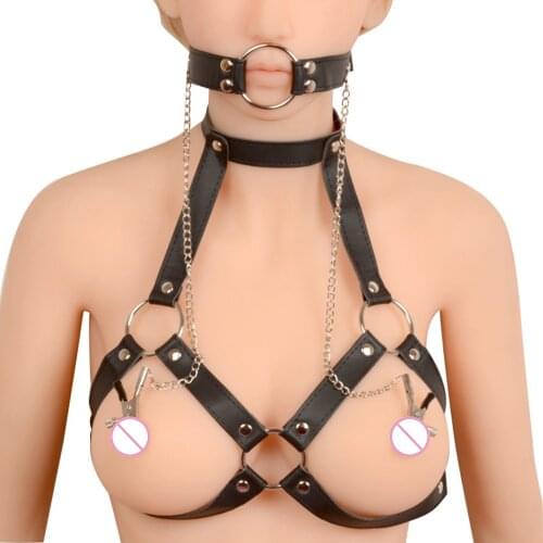 Sex PU Leather Bondage restraint set Nipple Clamps Mouth Gag Body Harness Breast Clips Restraints adult sex Toys For Women