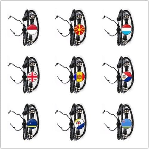 MCO,Macedonian, Luxembourg, Georgia, Andorra, Eilandgebied Sint Maarten,Curacao,Bonaire, Aruba Nation Flag Leather Bracelet Gift
