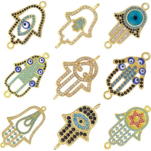 Juya DIY Handmade Turkish Jewelry Making Components Supplies Micro Pave Zircon Greek Evil Eye Hamsa Fatima Hand Charm Connectors
