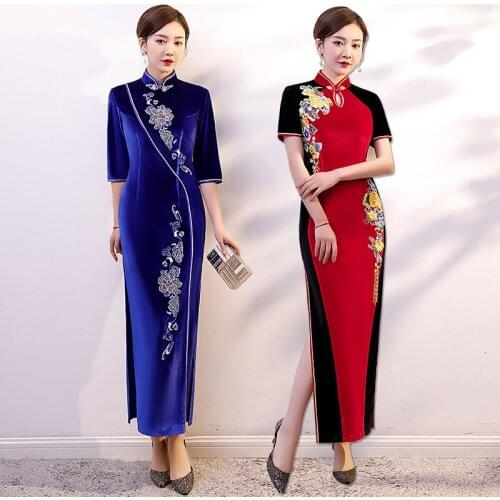 Plus Size 5XL New Autumn Fashion Long Velour Qipao Chinese Traditional Retro Elegant Mandarin Collar Cheongsam Show Party Dress