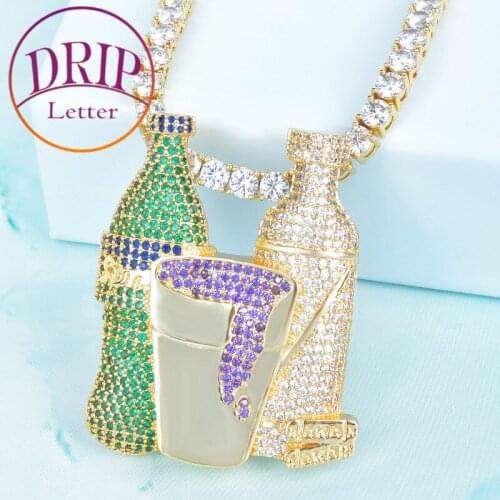Double Sprite Bottle Purple Color Cup Pendant Necklace Gold Color Cubic Zircon Mens Hip Hop Jewelry 4mm Tennis Chain