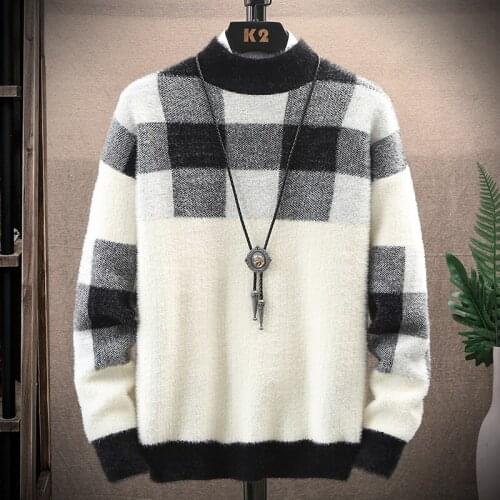 Half turtleneck mink fleece sweater mens autumn and winter trend thickening style youth student plaid bottoming sweater