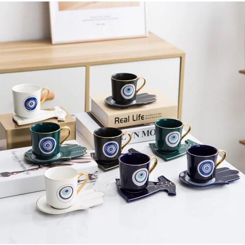 Turkish Blue Eyes Luxury Coffee Cup Saucer Set with Hand and Clothe Shape Dish Ottoman Cup Boonido Cup 200ml Decoration Plates