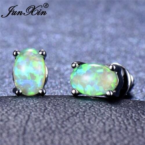 JUNXIN Green White Blue Fire Opal Earrings For Women White Gold/Gold Filled Oval Stud Earrings Female Small Rainbow Earrings