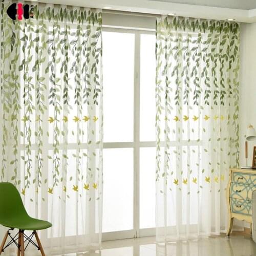 Embroidered Willow Leaves Tulle Linen Curtains Rustic Window Drapes Voile Bedroom Wedding Room Blinds WP272D