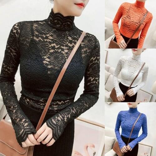 Women Autumn Long Sleeve Turtle Neck Hollow Out Blouse Floral Lace Base T-shirt