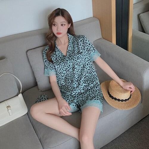 Womens Pajamas Short Suit Leopard Print Lace Satin Silk Pajama Set Summer Sleepwear Soft Comfy Womens Home Clothes