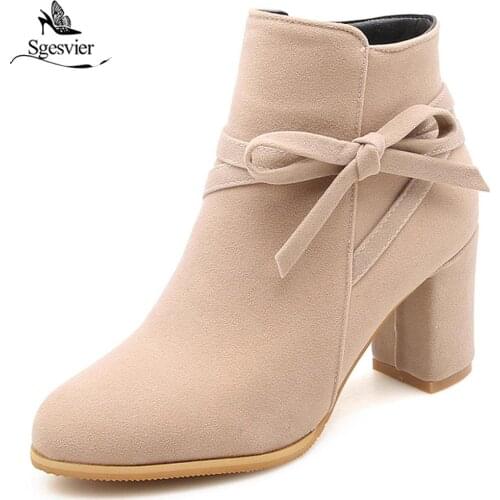 Sgesvier Flock fashion shoes woman thick high heels short boots female autumn ankle boots for women bowtie big size 33-52 OX525