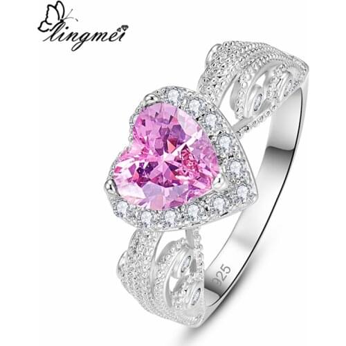 Lingmei Wedding Bride Heart Love RomanticJewelry Multi Pink Zircon Silver Color Ring Size 6 7 8 9 Christmas Gifts