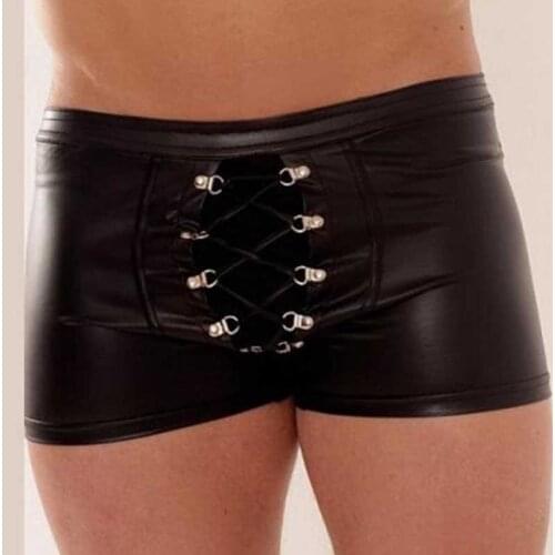 Plus Size Sexy Men Boxers Lace Up Crotch Lingerie Stage U Convex Pouch Black Patent Leather Boxers Shorts Underwear
