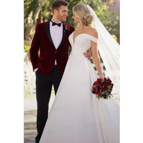 2021 New Prom Wedding Burgundy Velvet Men Suit 2 piece set Tailored Slim fit Male Formal Dinner Dress Tuxedo Blazer with Pants