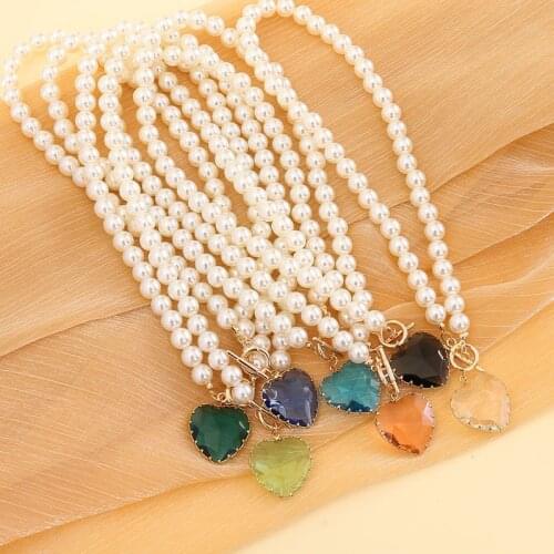 New Fashion Imitation Pearl Glass Heart Choker Necklace For Women Hot Popular Punk Simulated Pearls Round Bead Collar Handmade