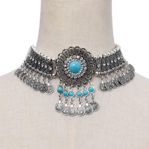 Statement Vintage Choker Necklace Women Bohemain Collares Flower Crystal Rhinestone Blue Beaded Coin Tassel Ethnic Gypsy Jewelry