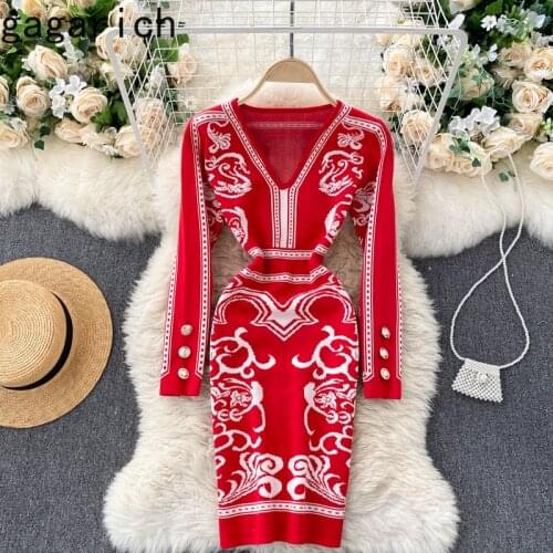 Gagarich Women Dress 2021 Spring Autumn American Retro Style Ladies Jacquard Design V-Neck Knitted Temperament Vestidos