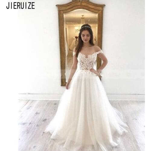 JIERUIZE Modest Boho Wedding Dresses Off The Shoulder Appliques Formal Wedding Gowns A Line Beach Bridal Dresses robe de mariee