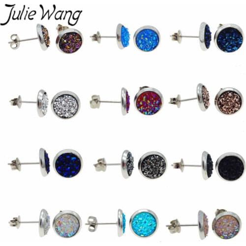 Julie Wang 1 Pair Resin 8mm Druzy Round Cabochon Multi-colored Stud Earrings Women Girl Party Earrings Stainless Steel Base