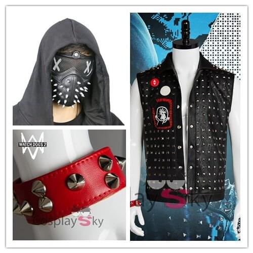 Watch Dogs 2 Wrench Cosplay Faux Leather Black Vest Dedsec Rivet Vests Costume With Mask Cool Costume