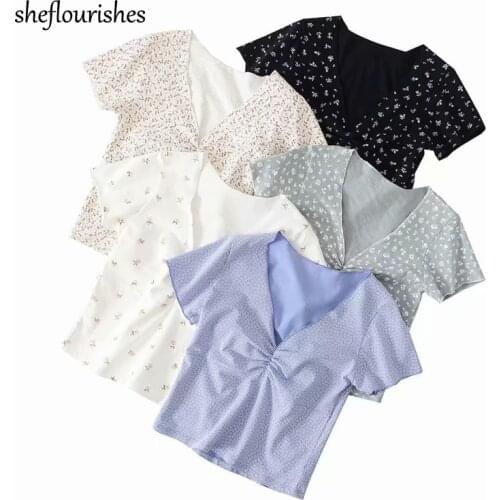 2020 Casual T shirt women floral t shirt summer short sleeve shirts korean v neck shirt white slim crop tops ruched purple