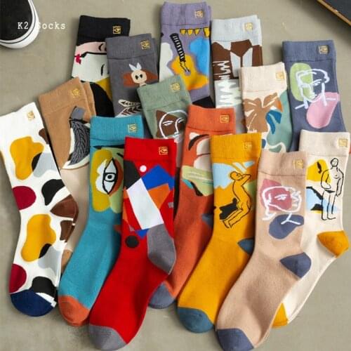 Fashion Abstract Painting Sockings Cotton Harajuku Unisex Portrait Art Happy Hip Hop Funny Soft Skateboard Men and Women Socks