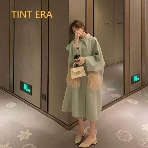 TINT ERA New Woolen Coat Female Double-sided Cashmere Long Cloth With Beach Wool Pockets Outwear