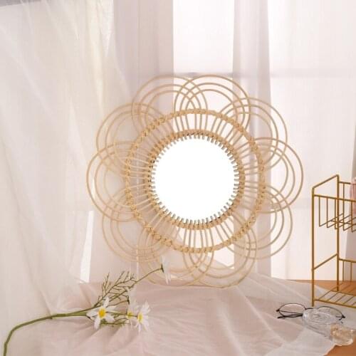 Woven Rattan Dressing Mirror Innovative Art Decor Round Makeup Mirrors Bathroom R2JC