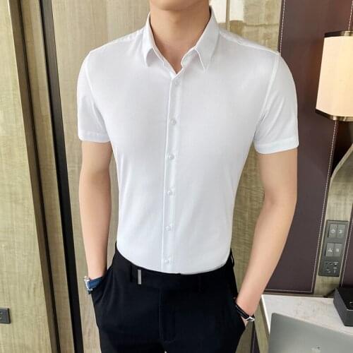 British Style Summer Short Sleeve Shirt Men Fashion 2020 Business Formal Wear Slim Fit Men Dress Shirts Solid All Match Blouses