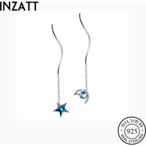 INZATT Real 925 Sterling Silver Star Moon Blue Zircon Drop Earrings Asymmetry Short Elegant Tassel For Women Beho Fine Jewelry