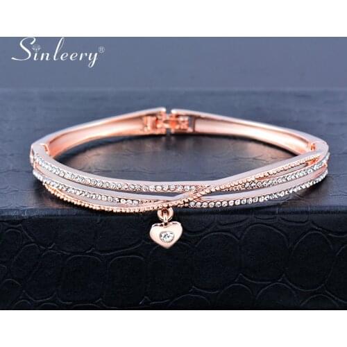 SINLEERY Small Heart Pendant 3 Layers Crystal Bangle For Women Rose Gold Silver Color Wedding Bracelets Jewelry SL477 SSF