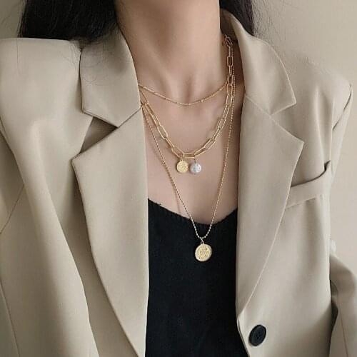 TIMEONLY Unique Design Layering Portrait Coin Necklace Hollow Chunky Curb Chain Pearl Chokers Necklaces Gift for Women Jewelry