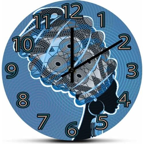 Traditional Turban African Woman Artwork Bedroom Wall Clock Timepieces Kente Head Wrap African Afro Lady Home Décor Wall Watch