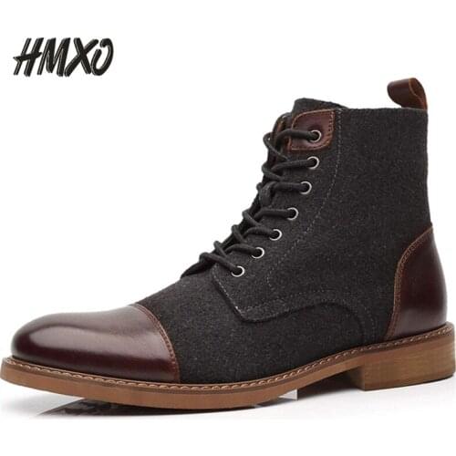 HMXO British Style High-top Martin Boots Wool Trendy Short Boots Winter Boots Stitching Color Lace-up Men Leather Casual Shoes