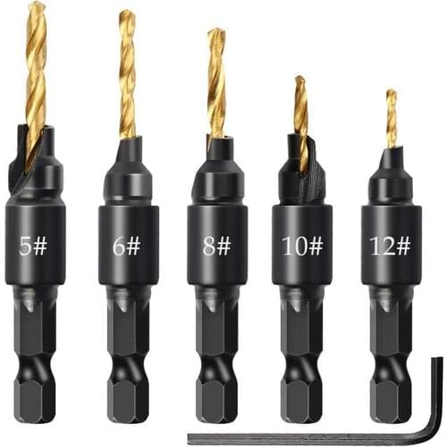 5Pcs/Set 1/4 Inch Hex Shank Countersink Drill Bit Power Tools Accessories For Plastic Metal Woodworking Tool By Power Drill
