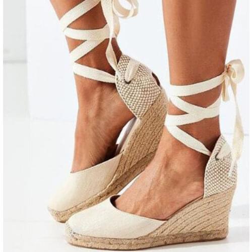 Women Platform Gladiator Sandals 2021 Woman Cross Tied Hemp Wedges Lace Up Shoes Female Weave Ladies Summer Plus Size Footwear