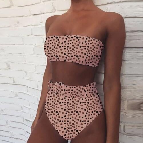 Women Solid Strapless Leopard Bikini Set Two Piece Swimwear Sexy Print High Waist Bandeau Bikini Swimsuit Thong Bathing Suit New