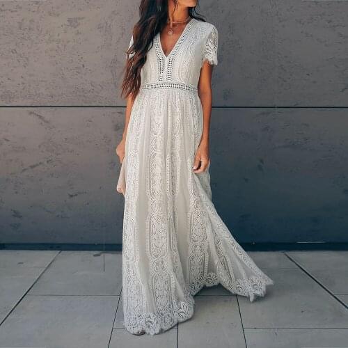 New Women Summer White Lace Embroidery Bohemian Maxi Dress Sexy V-Neck Elegant Holiday Party Beach Long Dresses Vacation Clothes