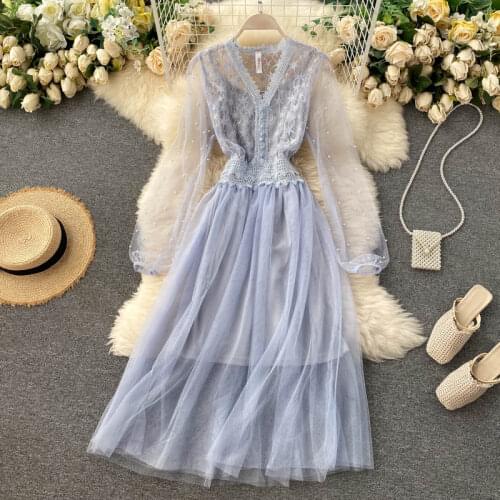 2021 Summer Women V-Neck Lantern Sleeve Pearl Bead Mesh Gauze Ruffles Dress Lady Elastic Embroidery Lace Flower Party Midi Dress