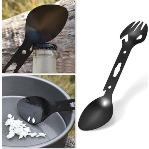 5 In 1 Multi-Functional Outdoor Tools Stainless Steel Fork / Camping Spoon Kit Knife Survival Edc Opener Bottle Convenient E5P1