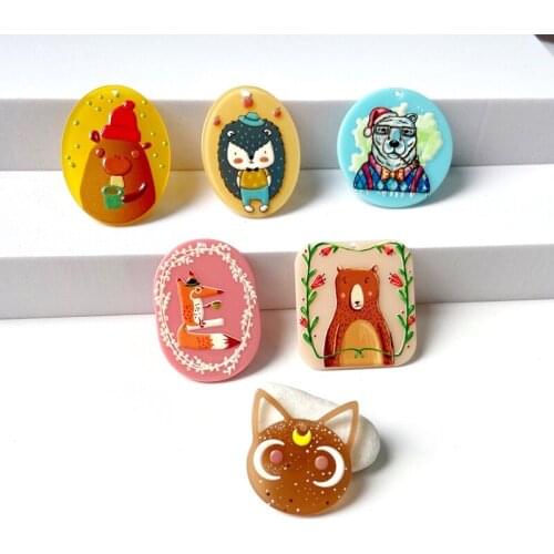 6PCS Acetate Colorful Cartoon Animal Micro Relief Acrylic Accessories Hedgehog Owl Fox Bear DIY Earrings Earrings Components