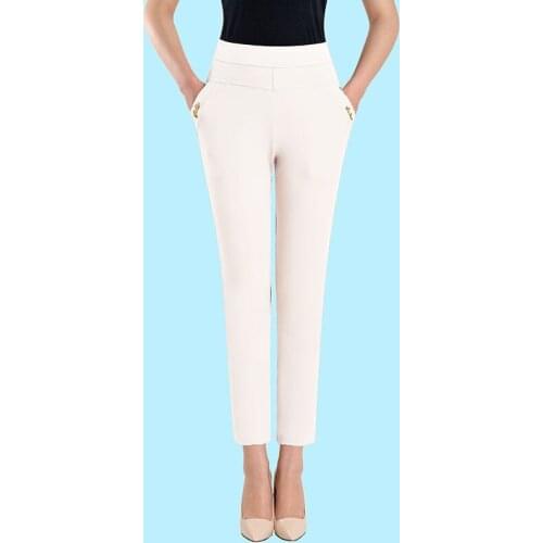 Spring Summer Women Pants High Waist Elastic Stretch Straight Trousers Casual Solid Ankle-Length Pants Plus Size XL-5XL