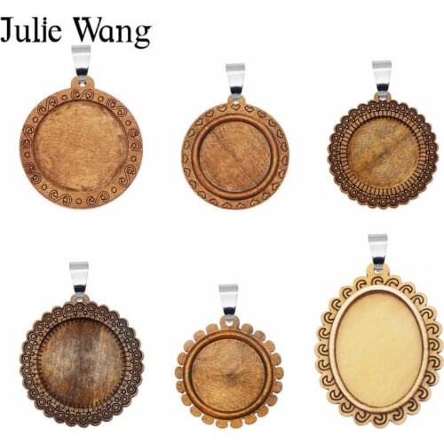 Julie Wang 2PCS Wood Oval Round Cabochon Base Settings Charms Hooks Glass Cabochon Blank Bezel Tray Jewelry Making Accessory