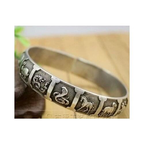 Chinese Antique carved Miao silver bracelet Zodiac Fashion Jewelry