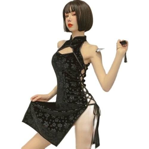 China Style Side Slit Hollow Cheongsam Qipao sexy lingerie Chinese Traditional Dress Sexy Lingerie Bandage Temptation Clothing