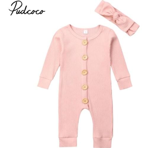 Pudococ Newborn Baby Girls Boys Clothes Button long sleeve O-neck Jumpsuits Bow Headband 2pcs cotton casual springs set 0-18M