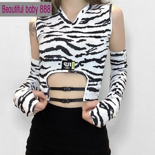 Meqeiss Fashion Hollow Out Backless Bandage V-Neck Exposed Crop Tops 2021 Sexy Strapless Half Sleeve Zebra Print T-shirts Autumn
