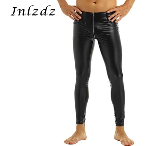 Mens Lingerie Catsuit Long Pants for Sex Leather Zipper Crotch Lingerie Exotic Tight Pants Legging Trousers Hot Sexy Clubwear
