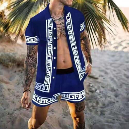 Mens Fashion Hawaiian Print Short Sleeve Shirt Set Beach Coconut Print Shorts Mens Daily Beach Shirt Set Two-piece M-3XL