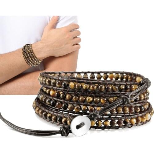 Men Women Leather Bracelet Unique Mixed Natural Energy Stones Charm 5 Strands Wrap Bracelets Handmade Boho Bangles Drop Shipping