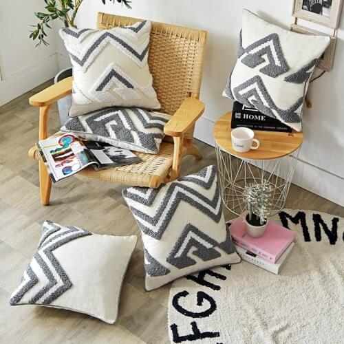 Grey Cushion Cover 30x50cm/45x45cm Pillow Cover Cotton Embroidery Morroccan Style Zigzag for Home Decoratio Living Room Bed Room